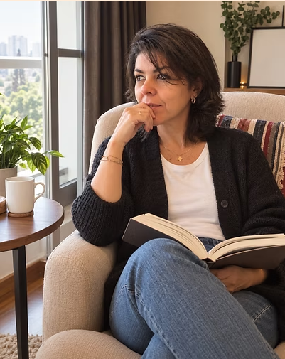 Karina Ovalle sentada em uma poltrona junto à janela, lendo um livro.